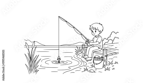 Kid fishing at lake black and white line art vector illustration outdoor coloring page peaceful nature scene