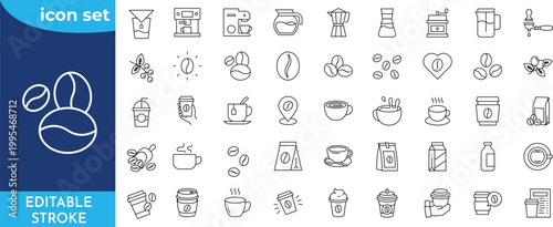 coffee icon set. Editable stroke. Contain icons related to coffee, mug, coffee cup, coffee machine, coffee beans, and more. Outline Icon Collection.