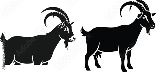 Two black silhouette goats with large curved horns, one facing left, the other facing right animal horned