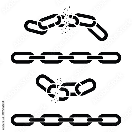 Broken chain icon set. Chain, link, disconnected, damage and repair concept. Weakness icons on white background. Vector illustration.