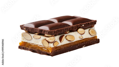 Schilderij op canvas Layered chocolate bar with nougat caramel and almonds, isolated on transparent b