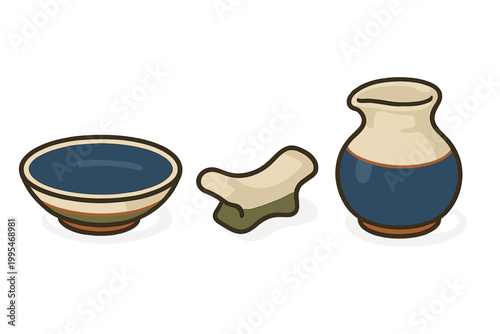 Traditional ceramic tableware set featuring a bowl, pitcher, and abstract pottery piece