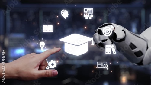 A human hand reaches towards a robotic arm, surrounded by educational icons like books and light bulbs, symbolizing the intersection of technology and learning in a modern setting. Auvana