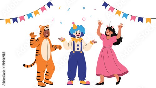 Group of joyful friends wearing creative costumes including a tiger, a clown, and a princess celebrating together at a party.