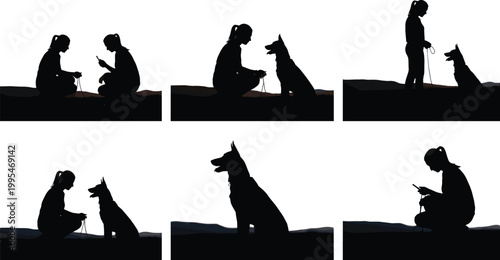 Dog training interaction, person with leash, attentive canine communication, silhouette bonding scenes, flat vector illustration, CAD drawing, posture anatomy study