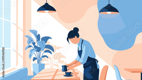 Professional waitress in an apron carefully pouring hot coffee for a customer at a bright and modern cafe setting.