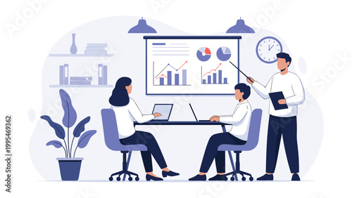 Professional office meeting where a team member presents business data on a whiteboard to attentive colleagues.