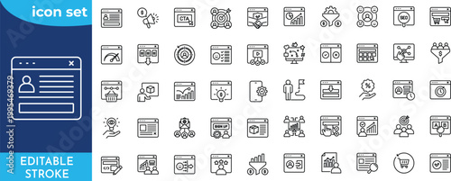 Conversion rate icon set. Editable stroke. Containing target audience, customer behavior, analytics tools, split testing, traffic quality, user experience, bounce rate, and more.