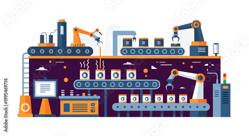 Foto Industrial robotic factory with conveyor belts