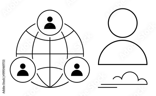 Networking, digital communication, user profiles, cloud computing, connectivity, teamwork. Minimal design a globe with user icons and a profile symbol. Networking and digital communication concept