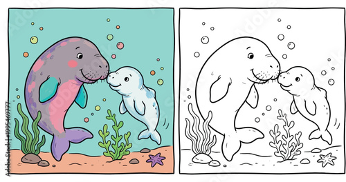 Manatee and Baby Beluga Whale Coloring Page