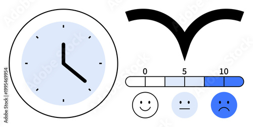 Productivity, time tracking, mood evaluation, decision metrics, emotional feedback, behavioral analysis. Clock indicating time, satisfaction chart with emotive faces. Productivity and mood evaluation