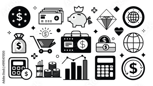 Financial Icons with Dollar Symbols and Growth Charts for Business Concepts