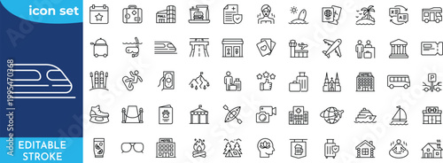 traveling line icon set. Editable stroke. Contain icons related to vacation, holiday recreation, leisure, entertainment, traveling, tourism, and more.