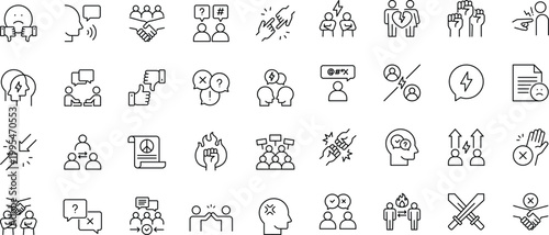 Conflict icon set. Editable stroke. contain icons related to conflict, confrontation, problem, opponent, disagreement, and more. Outline icons collection.