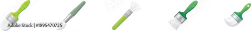 A clean and modern vector illustration of a paintbrush featuring a green handle, metallic ferrule, and white bristles. This isolated on white graphic set
