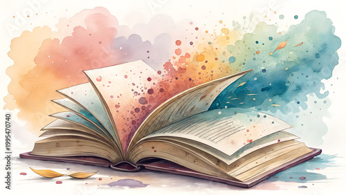 Watercolor open book background, soft colorful splashes, knowledge and reading joy symbolism with copy space
