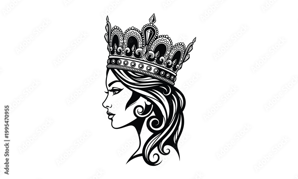 Obraz premium Beautiful queen profile wearing ornate crown with jewels vector art.
