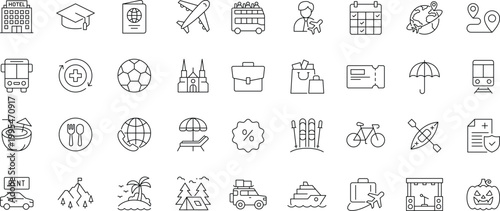 Travel agency line icon set. Editable stroke. Containing traveling, tourism, booking, different tours, visa assistance, insurance, and more.