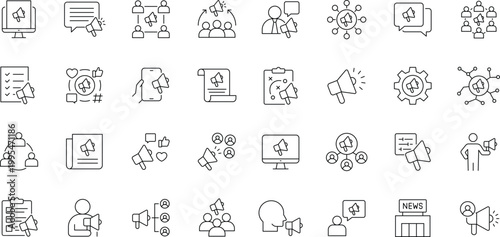 Public relations icon set. Editable stroke. Contain icons related to pr, public relations, and more. Outline Icon Collection.