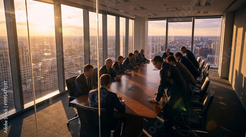 Hostile corporate takeover discussion in a high-rise boardroom at sunset, executives in suits engaged in tense negotiation around a large wooden table