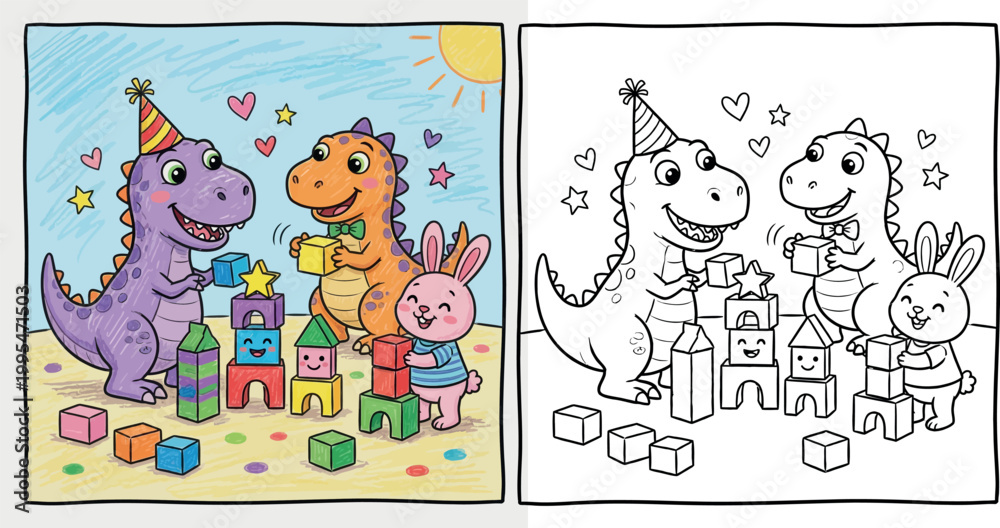 Fototapeta premium Dinosaurs and Bunny Building Blocks Coloring Page