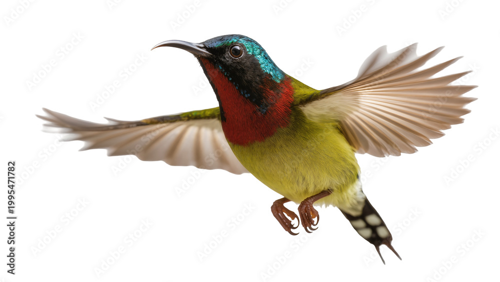 Fototapeta premium Colorful sunbird with iridescent plumage in flight, isolated on transparent background