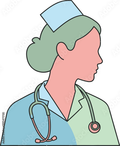 A minimalist vector illustration of a female nurse wearing a stethoscope and cap
