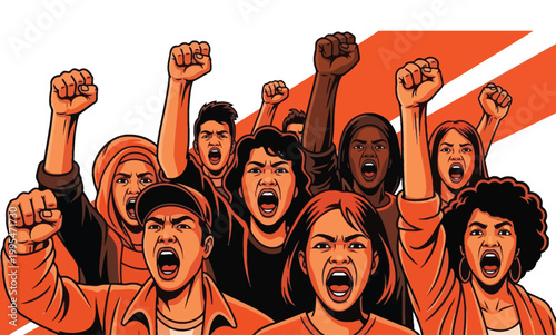 Diverse passionate people shouting and raising fists for social activism.