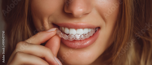 Woman smile teeth clear aligner orthodontic dental beauty mouth lips Confident woman smile with clear aligner showing straight white teeth