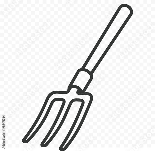 A minimalist vector illustration of a garden pitchfork with three curved prongs and a long handle.