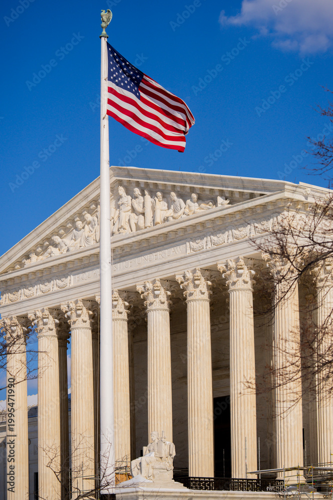 Fototapeta premium Supreme Court landmark in United States. US law institution of federal judiciary. USA government legal authority. American justice symbol.
