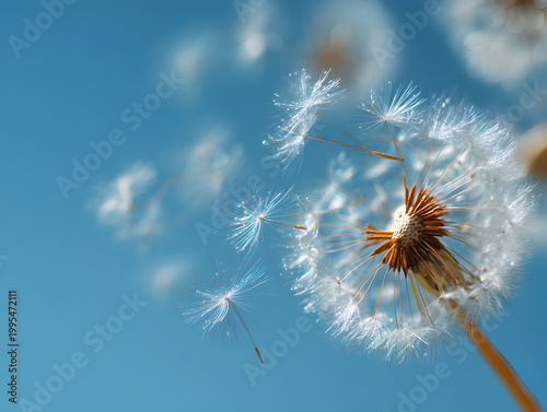 Dandelion seeds float in the air on a clear day with a blue sky in the background during springtime