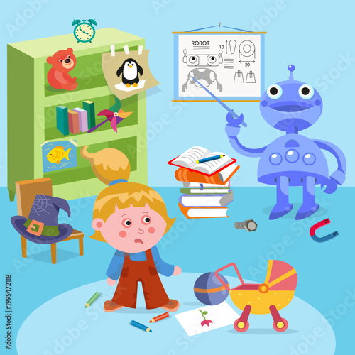 Cute robot teacher gives lesson to surprised little girl in nursery room. Friendly blue android shows technical drawing on board near bookshelf with toys and books. Colorful flat vector illustration