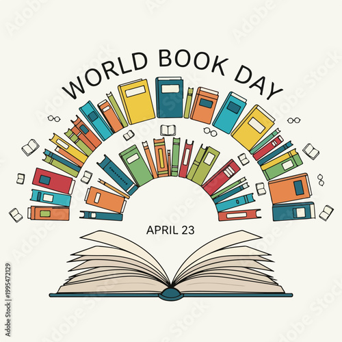 Quadro su tela Colorful World Book Day graphic with books and glasses (1)