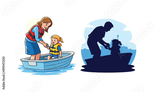 Mother and daughter wearing life jackets in small boat with dark silhouette.