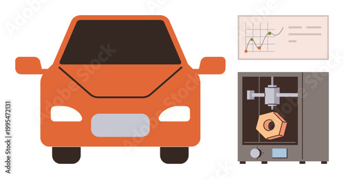 Automotive manufacturing, 3D printing technology, production data, prototyping, innovation, engineering design. A car alongside a 3D printer and production graph. Automotive manufacturing and 3D