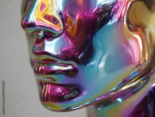 Colorful mannequin head reflecting light and colors in a bright room