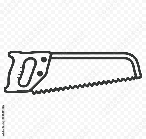 Minimalist line art of a hand saw with sharp teeth, isolated on plain background.
