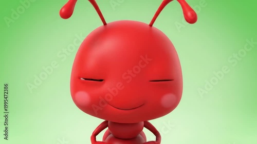 Smiling red cartoon ant character on green background