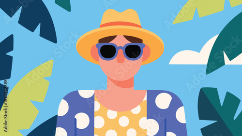 Illustration Of A Person Wearing Summer Clothes With A Hat And Sunglasses Vector Design Template
