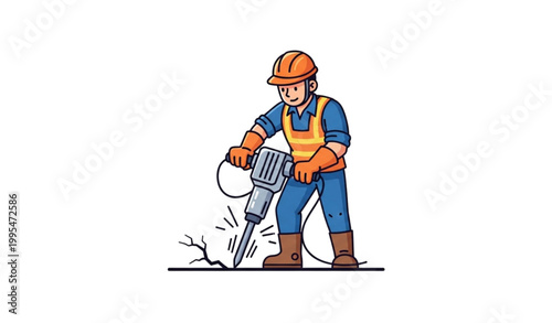 Construction worker using jackhammer drilling road cartoon vector illustration