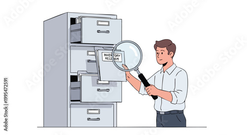 Man Searching Documents in Filing Cabinet. Office Worker. Flat Illustration. Data Retrieval Concept.