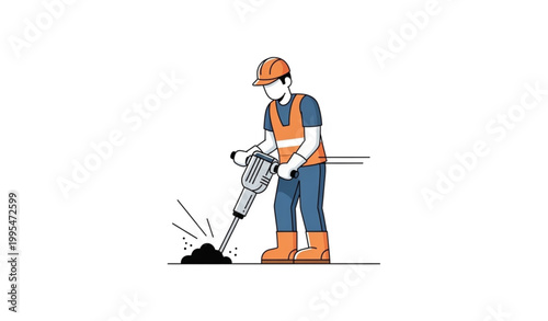 Cartoon construction worker drilling asphalt with jackhammer vector character design