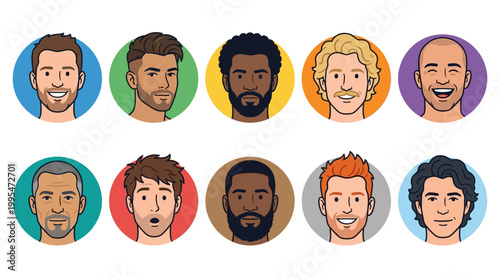 Male Face Avatar Vector Set – Handsome Men Cartoon Character Collection