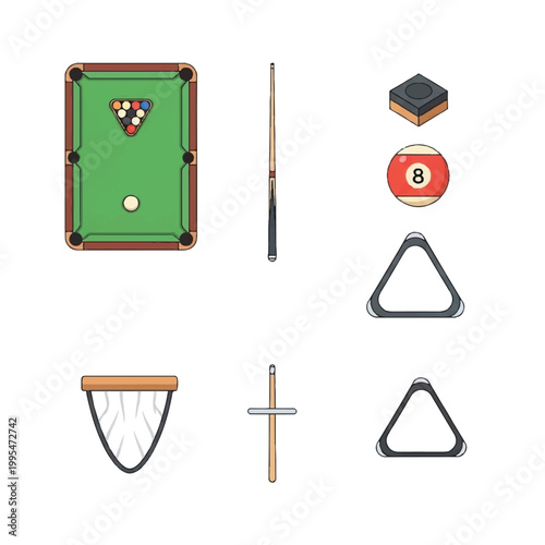 Pool table billiards game equipment set.