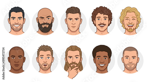 Male Face Avatar Vector Set – Handsome Men Cartoon Character Collection