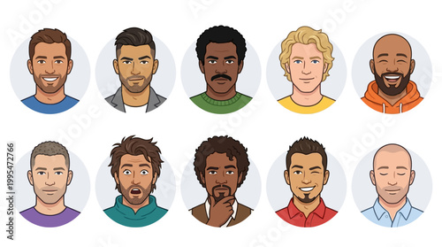 Male Face Avatar Vector Set – Handsome Men Cartoon Character Collection