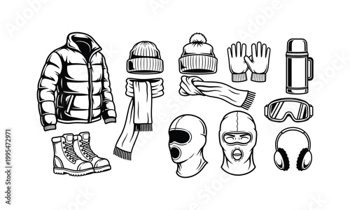Winter clothing and outdoor gear icons set for cold weather activity.