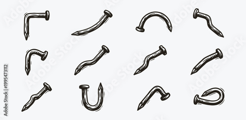 Bent and twisted metal nails in hand drawn vintage style for construction and repair concepts